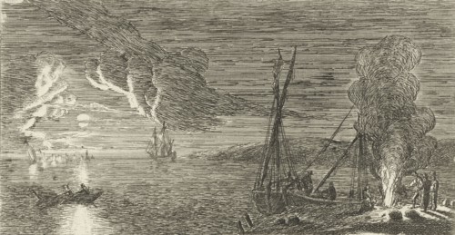Night Scene with fishermen standing by a fire, print maker: Anonymous, Reinier Nooms attributed to,