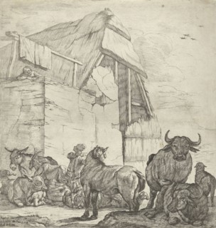 Resting cattle on a farm, Jan van Ossenbeeck, Giovanni Giacomo Rossi, 1647-1655