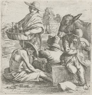 Gin seller and the three beggars, Jan van Ossenbeeck, 1647-1674