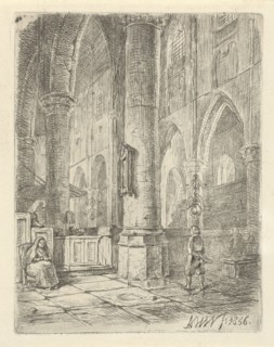 Church Interior with a boy and a seated woman, Adrianus Wilhelmus Nieuwenhuyzen, 1856