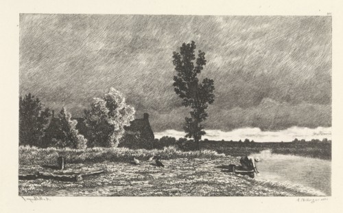 Landscape with a woman who does the laundry, print maker: Alexander Mollinger, 1860