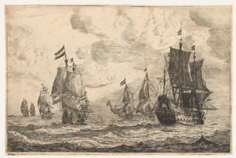 Six sailing ships on the high seas, Reinier Nooms, 1650-1664