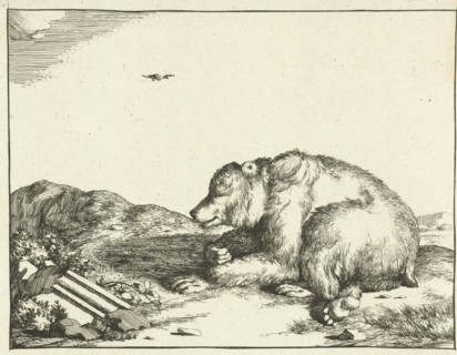 Reclining bear, print maker: Marcus de Bye, Marcus Gerards I, 1664