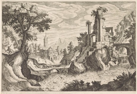 River landscape with ruins, Monogrammist HSV, Justus Sadeler, 1595 - 1625