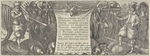 Title print for a series about hunting for birds, fish and mammals, Claes Jansz. Visscher (II),