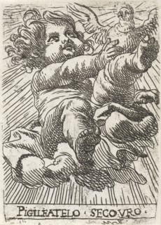 Child with dove on a cloud, print maker: Cornelis Schut I