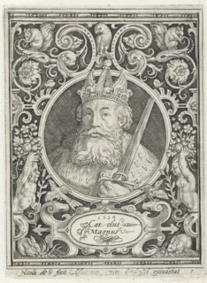 Portrait of Charlemagne in medallion inside rectangular frame with ornaments, Nicolaes de Bruyn,
