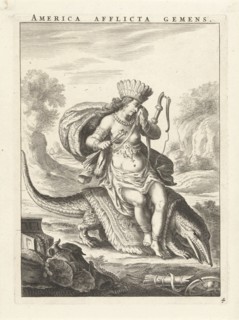 Female personification of America as a woman with headdress of feathers and bows, sitting on a