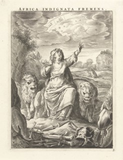 Female personification of the continent of Africa as a woman with lion's skin, sitting between