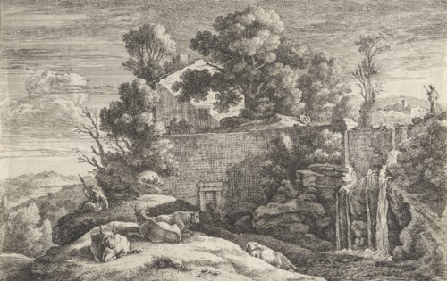 Landscape with cows and a spinner, Herman van Swanevelt, 1643 - 1655