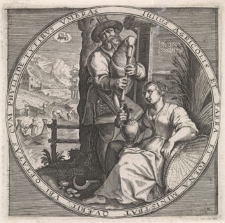 July: piper and woman with jug, Anonymous, Crispijn van de Passe (I), Maerten de Vos, 1574 - 1687