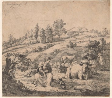 Hill landscape with shepherd dog near a resting flock, print maker: Karel Dujardin, 1653