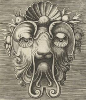 Mask with shell-shaped eyes and a shell between fruit bunches on the forehead, Frans Huys, Cornelis