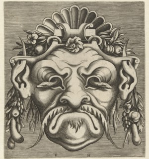 Mask with two snakes that look out of the eye sockets, Frans Huys, Cornelis Floris (II), Hans