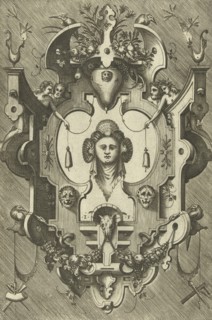 Cartouche with the head of a woman wearing three shells in her hair, print maker: Pieter van der