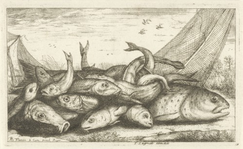 Fishes on the grass, print maker: Albert Flamen, Jacques Lagniet, Lodewijk XIV koning van