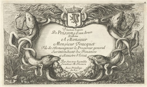 Cartouche with fish and water hoses, Hans Collaert (I), Hans Bol, Claes Jansz. Visscher (II), 1530