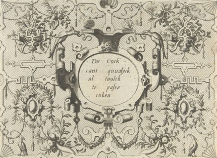 Cartouche surrounded by grotesques, left and right is a bird, Johannes or Lucas van Doetechum, Hans