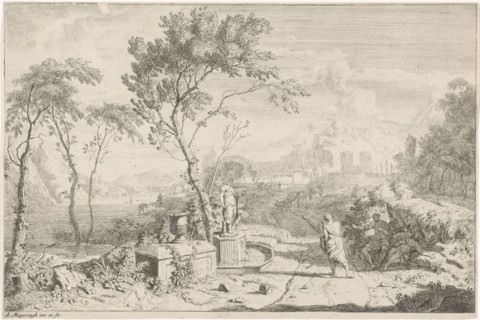 Landscape with a statue, Albert Meyeringh, 1665 - 1714