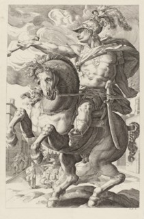 Marcus Curtius on horseback, print maker: Herman DaniÃ«l van Perls, Hendrick Goltzius, 1826 - 1830