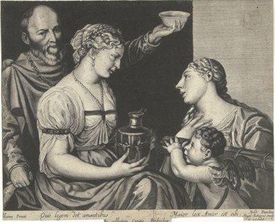 Two lovers with Cupid and Venus, print maker: Hendrick Danckerts, Titiaan, 1635 - 1679