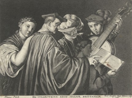 Three men, woman and boy singing and playing musical instruments, Hendrick Danckerts, 1635 - 1679