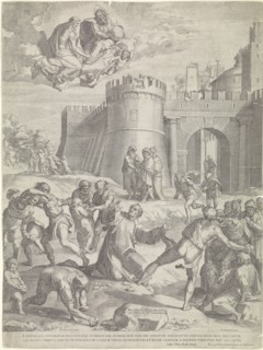 Stoning of St. Stephen, print maker: Cornelis Cort, Marcello Venusti, Gaspar Albertus, 1576