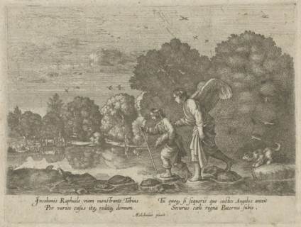 Tobias and the Angel in a river, Hendrick Goudt, Anonymous, 1608 - 1698