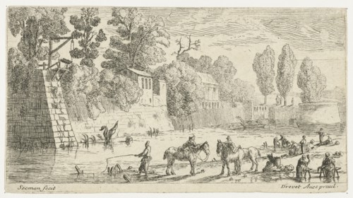 Women do laundry at a canal, Anonymous, Pierre Drevet, 1650 - 1738