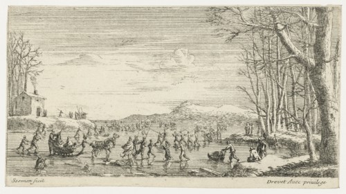 Frozen river with skaters, Anonymous, Pierre Drevet, 1650 - 1738
