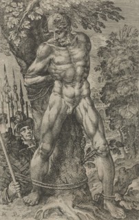 Achior tied to a tree, Pieter Feddes van Harlingen, 1615