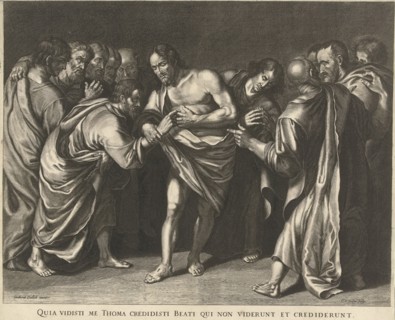 Doubting Thomas touching Christ's wound, Cornelis van Dalen (I), 1612 - 1665
