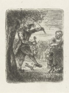 Street musician with violin and dancing dog, Jan Chalon, 1748 - 1795