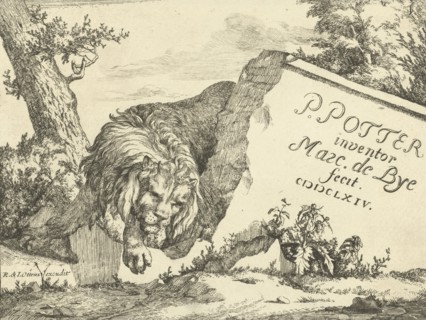 Lion at stone wall, Marcus de Bye, Reinier Josua Ottens, 1664