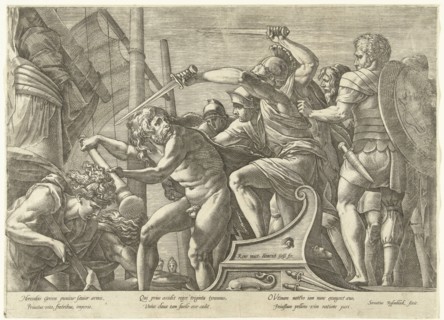 Hercules fights with Geryoneus (?), print maker: Hendrick Goltzius, Francesco Primaticcio,