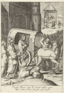 Joseph pulls a wagon across Egypt, Robert de Baudous, Lucas van Leyden, 1591 - 1659