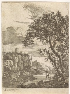 goatherd on the banks of a river, print maker: Anthonie Waterloo attributed to, 1630 - 1663