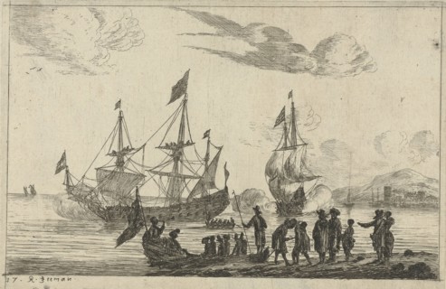 Harbour Scene with a landing boat, Reinier Nooms, 1656