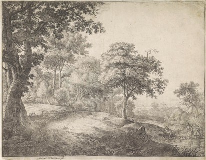 Two figures wading through a stream, Anthonie Waterloo, 1630 - 1663