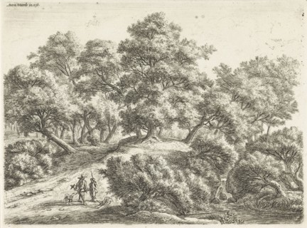 Falconer and hunter in a forest, Anthonie Waterloo, 1630 - 1663