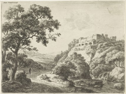 Resting travelers along a country road, Anthonie Waterloo, 1630 - 1663