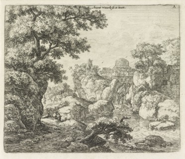 Cityscape with a waterfall, Anthonie Waterloo, 1630 - 1663