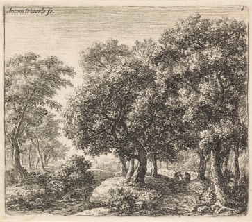 Two figures on a forest path, Anthonie Waterloo, 1630 - 1663