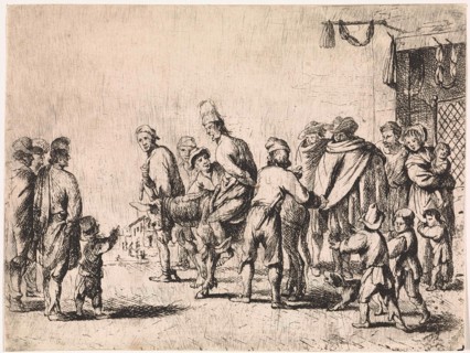 Man tied up on a donkey, print maker: Cornelis de Wael, 1630 - 1648