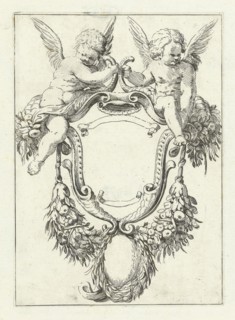 Cartouche with garlands and two seated putti, Agostino Mitelli, print maker: Anonymous, after 1619