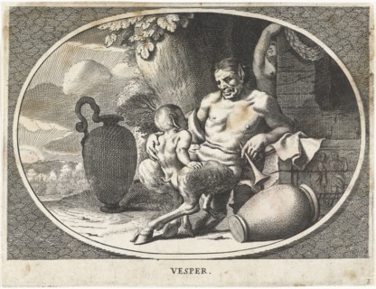 Satyr with child sit at tree, Cornelis van Dalen (II), Charles Le Brun, 1648 - 1664