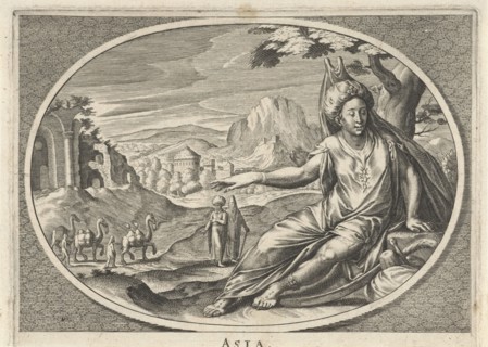 Female personification of continent of Asia as a woman with turban and saber in landscape with