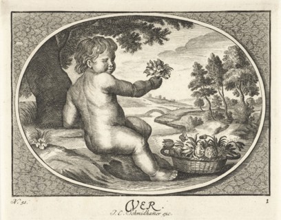 Spring in the form of child with basket of flowers in landscape in oval, Cornelis van Dalen II,