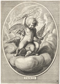 Element fire as a child with lightning bolts on back of eagle, Cornelis van Dalen II, Anonymous,