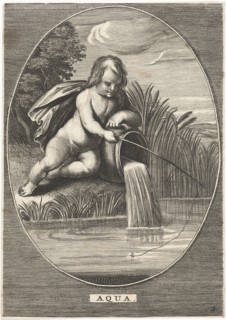 Element water as a child with fishing rod leaning on jar where water flows at shoreline in oval,